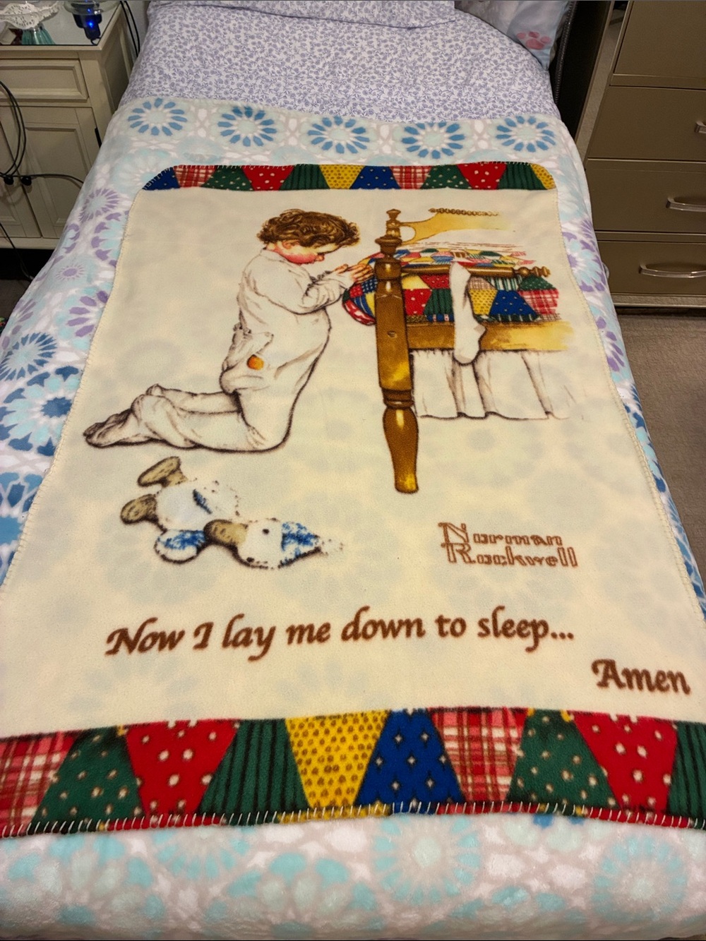 Norman Rockwell cream and brown printed fleece fabric blanket from Boy’s Town